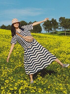Marimekko x Uniqlo wavy navy stripe linen blend shirt